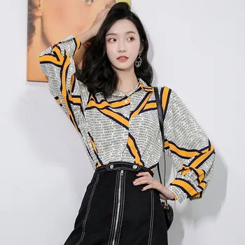 

Autumn Women Retro Blouse Letter Print Shirt Fashion Long Sleeve Turn-down Collar Loose Stitching Color Chic Top Fall Clothing