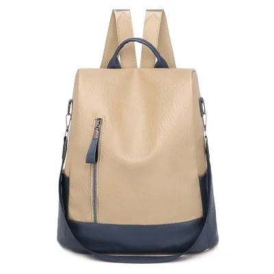 Новинка, рюкзак с защитой от кражи, женский Кожаный Модный повседневный рюкзак, многофункциональная Женская дорожная сумка через плечо, школьная сумка Mochila - Цвет: Khaki and blue
