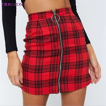 

UIDEAZONE Plaid Women Skirts A-Line High Waist above Knee Girls Wrap Zipper Mini Skirt Streetwear