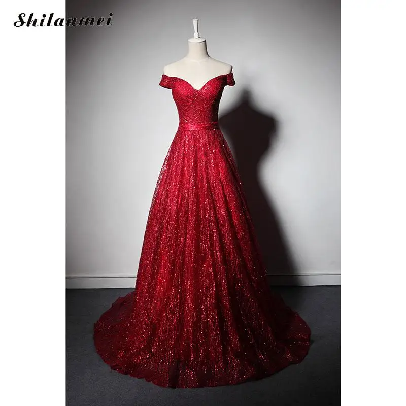 

Slash Neck Long Formal Gown Maxi Dress Red Evening Party Dress Women Vestidos Lace Off Shoulder Short Sleeve Sexy Robe De Festa