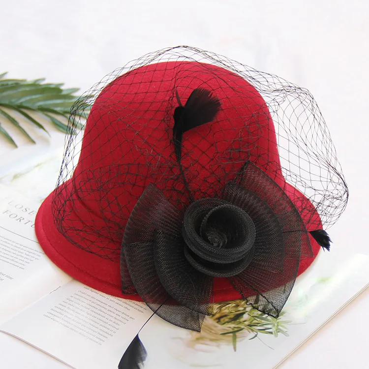 FS винтажная женская шляпа-федора для женщин модная шерстяная Цветочная вуаль осень зима сохраняет тепло Панама Кепка Элегантная Дамская котелок