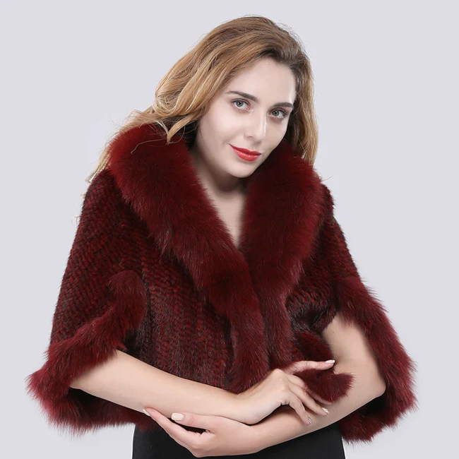 Натуральная норковая меховая шаль, накидка с лисьим меховым воротником, женская вязаная теплая норковая Меховая куртка, модное меховое пальто - Цвет: wine