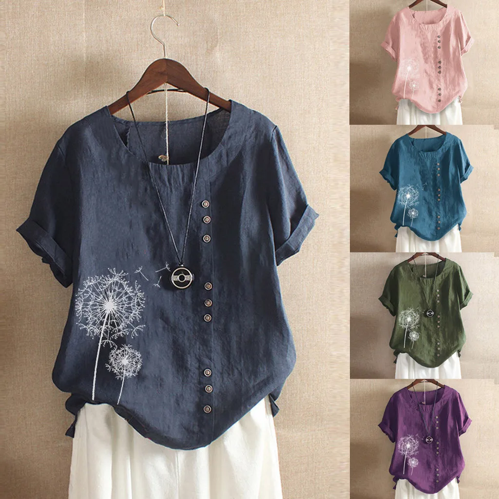 

Womens Casual Loose Button Linen Plus Size Print Boho Tanic Shirt Blouse Tops