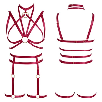 

Full Body Harness Cupless Bra Wine Red Punk Goth Rave Waist Leg Garter Belt Body Bondage Sexy Lingerie Pole Dance Body Cage Set