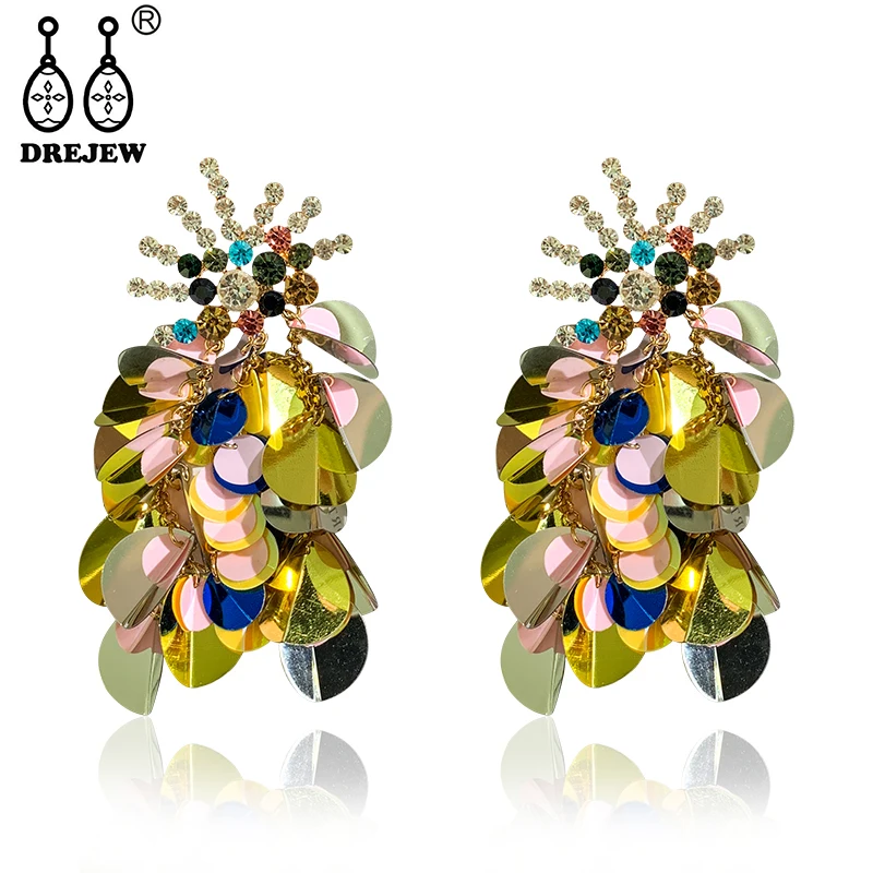 

DREJEW Korean Long Colorful Flower Sequin Rhinestone Statement Dangle Earrings Fashion Steel Alloy Drop Earrings for Women E9661