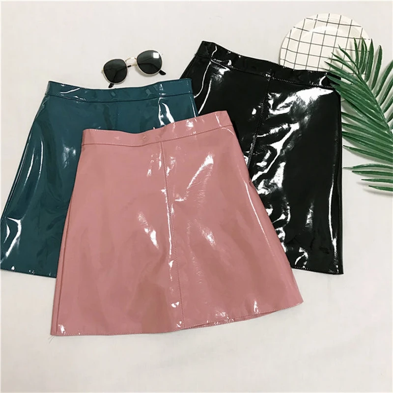 RuiLee Chic OL office Elegant Pencil Mini Skirts High Waist Bodycon Black PU Patent Glossy Leather Sheath Wrap Skirts Female