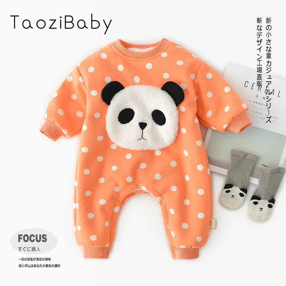

Baby Girl Romper Korea Infant Polka Dot Panda Thick Long-sleeved Jumpsuit Newborn Kids Plus Velvet Romper New Born Baby Clothes
