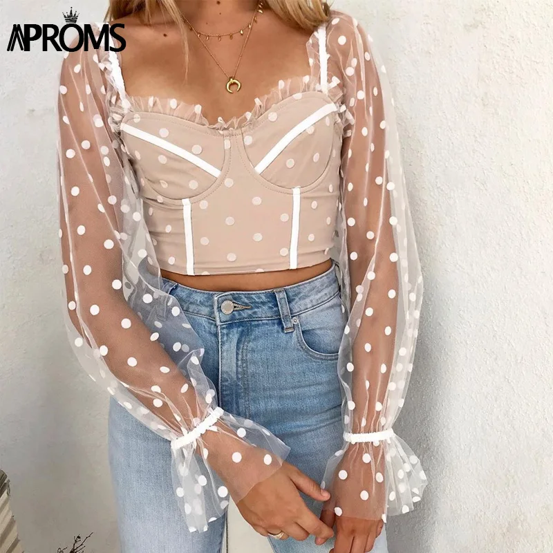 

New Sexy Polka Dot Mesh Tank Tops Women 2019 Coolest Square Neck Slim Bodycon Crop Top Autumn Side Zipper White Black Tees