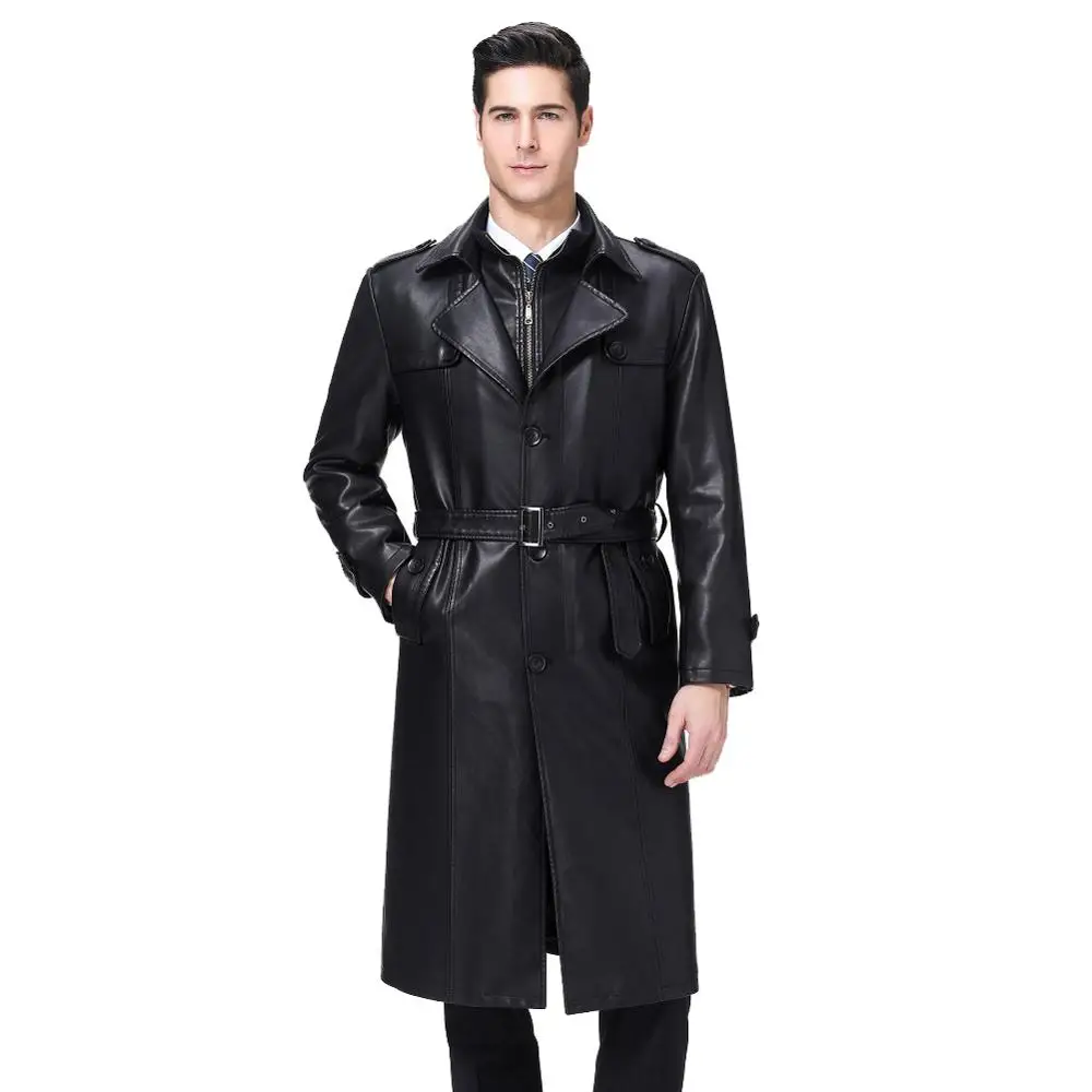 

KUYOMENS Winter Men X-Long Coat Double collar leather Jacket Men's PU Overcoat Male Windbreaker 3XL 4XL Plus Size Leather Trench