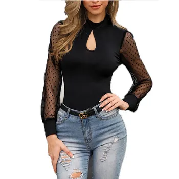 

New Black Polka Dot Sheer Mesh Long Sleeve Bodysuit Women Tops Bodycon Fitness Jumpsuit Romper Fashion Latex Sexy Slim Bodysuit