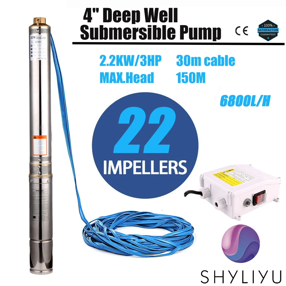 Clearance! SHYLIYU 4" 3Hp Stainless Steel Deep Submersible Bore Well Pump 150m Lift Water Irrigation Centrifugal Impeller |