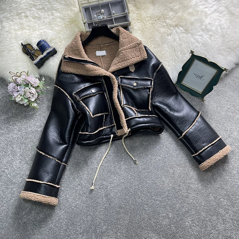 

Thick Warm Women Motorcycle Short Jackets Winter New Fashion Faux Leather Lambswool Fur Female Coats Outerwear Streetwear