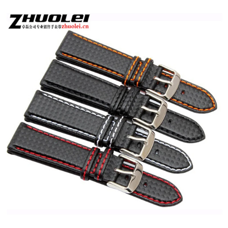Durable Black Genuine Leather Watchband with Orange Stitching and Silver Clasp