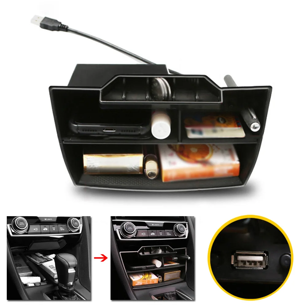 

For Honda Civic 2016-2019 ABS Inner Console Central Storage Box with USB Material: Plastic