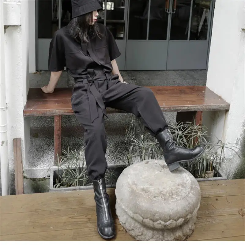 Spring and Autumn women's new scarf tie collar symmetrical pocket short sleeve solid color waist tie tight short sleeve jumpsuit