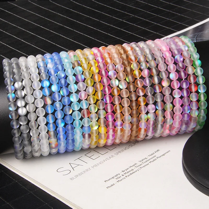 Braccialetti da donna di moda braccialetti in pietra di luna opaca ad alta lucentezza 8 mm perline di vetro arcobaleno bracciale da uomo fatto a mano con gioielli elasticizzati  36