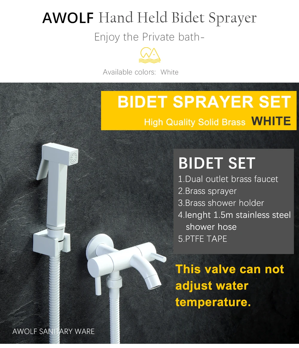 Description Picture 2 of itemSquare Design Hand Held Toilet Bidet Sprayer White Solid Brass Douche Kit Shattaf Dual handle Bidet Faucet Shower Spout AP2305