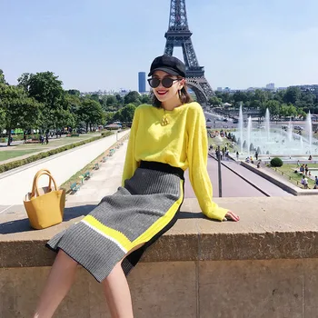 

Women's Sets Knitted O Neck Sweater Pullovers + Patchwork Midi-calf Skirts High Street 2pcs Sets For Women