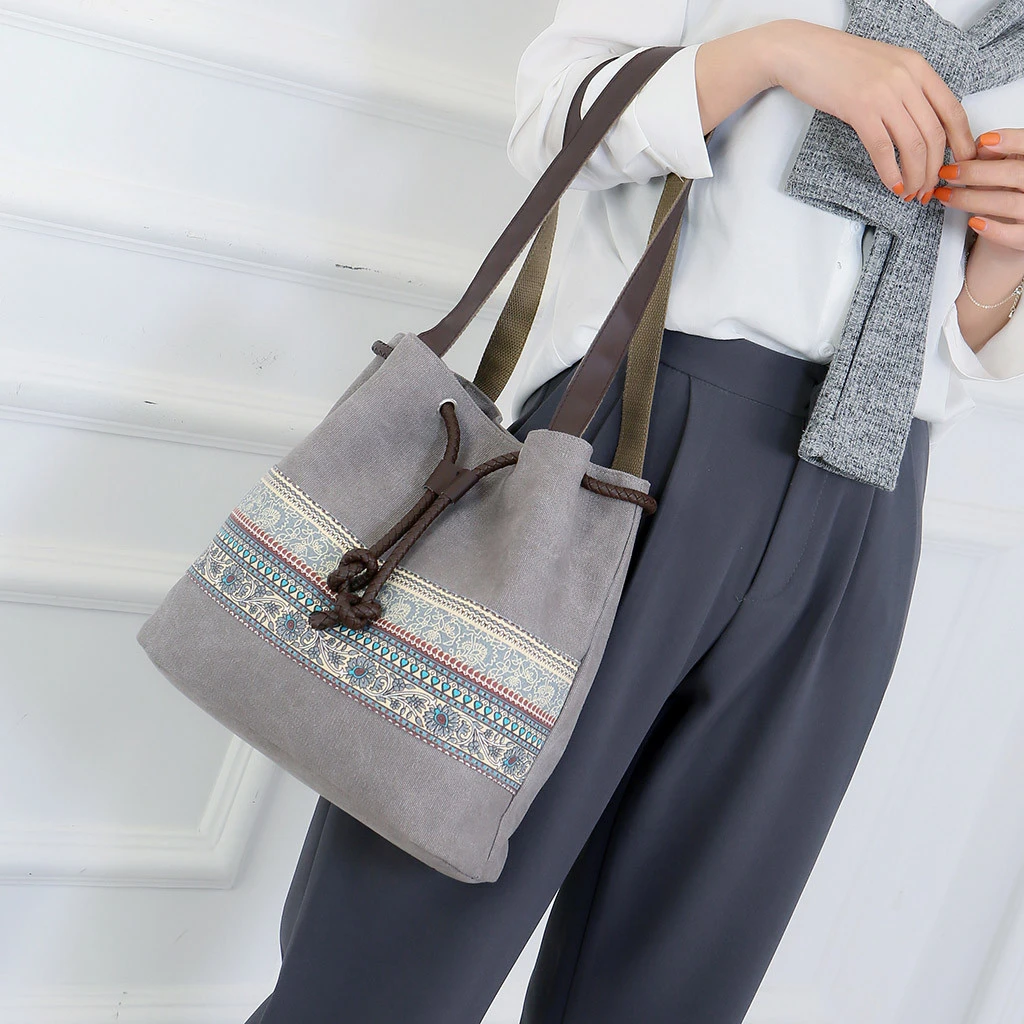 Style Canvas Handbags Women Drawstring Bucket Bag Lady Cheap Shoulder Single Shoulder Shopping Bags Floral Printed Beach Bag 820