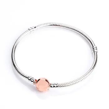 

Authentic 925 Sterling Silver Classic Clasp Snake Bone Rose Gold Logo Pan Bracelet Fit European Charm Bracelets Women Jewelry