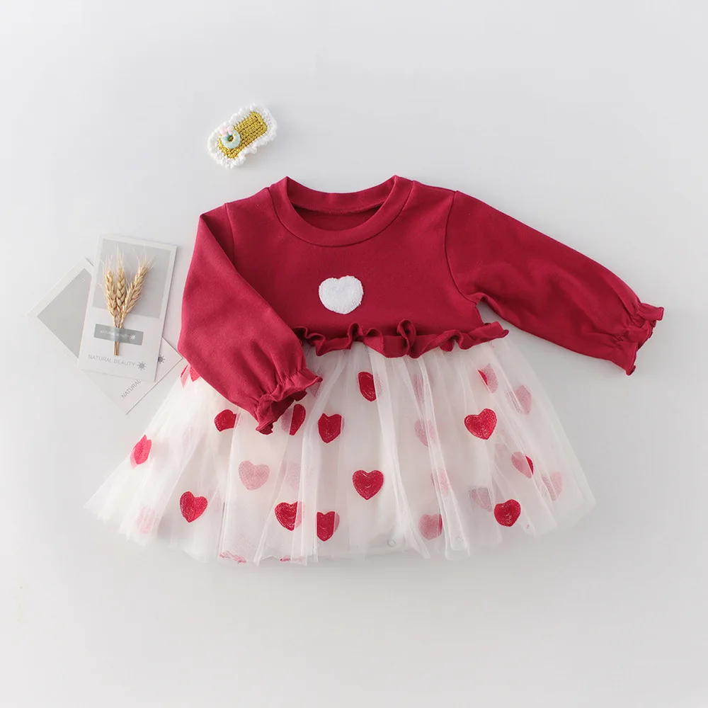 

3155 Spring Style Baby Girl's 100 Day Baby Clothes Love Mesh Long Sleeve Romper Dress Girls Outfits