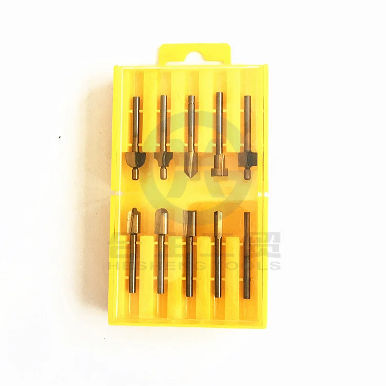 

10pc Titanium-Packaged Gold-Tone High Speed Steel Woodworking Flash Trimmer Small Miling Cutter Burin Foreign Trade Cross Border