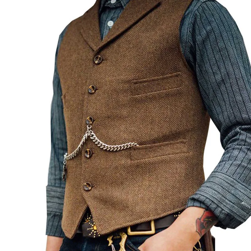 

Royal Blue Vest Men's Formal Business Herringbone suit Vest Wool/Tweed Notch Notch Lapel Waistcoat Groomsmen For Wedding New