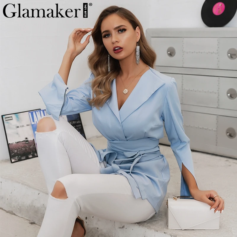 Glamaker, сексуальный синий Женский блейзер с длинным рукавом, элегантный офисный Женский блейзер на шнуровке с глубоким v-образным вырезом, платье, осень, модный тонкий костюм