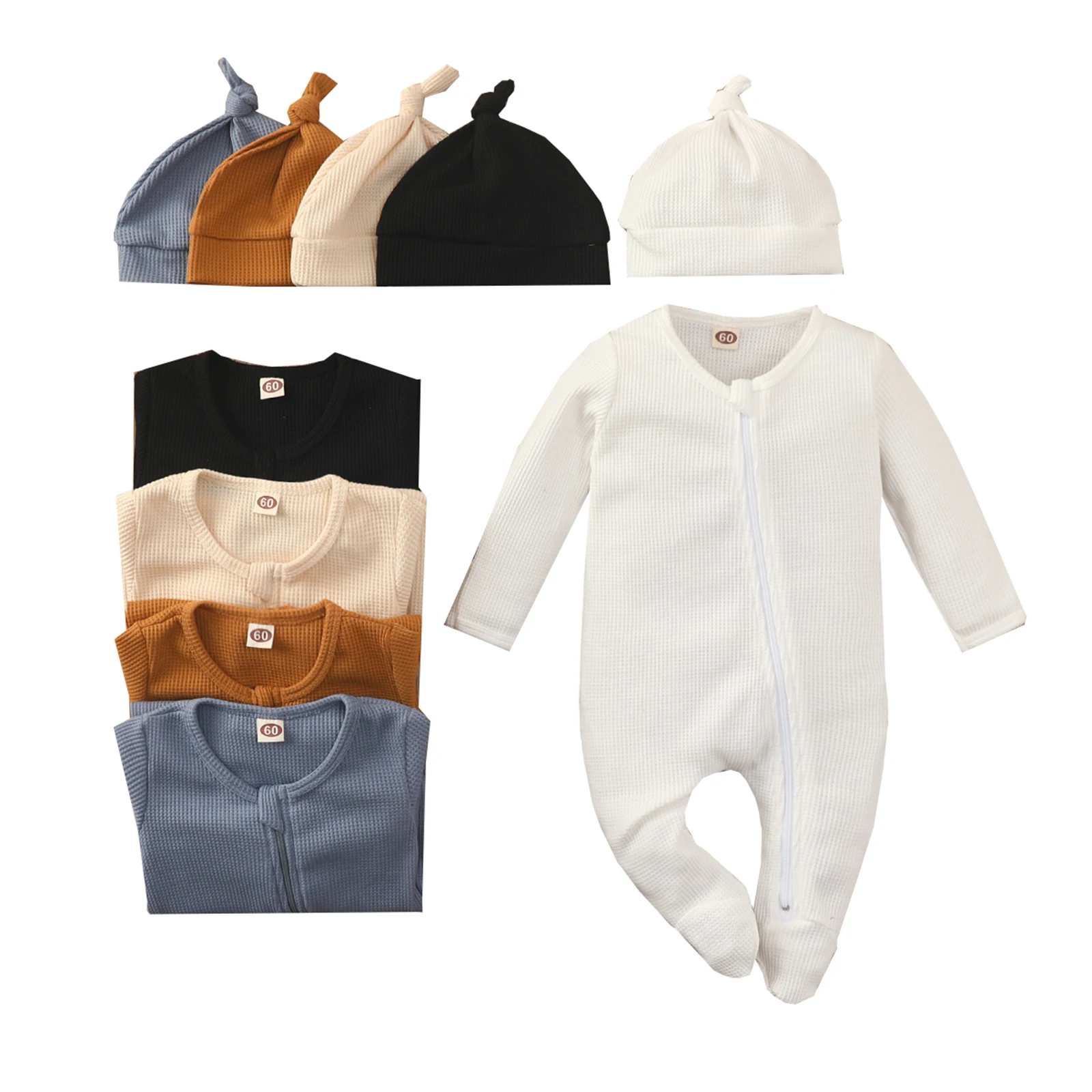 New Babies Two-piece Clothes Set, Solid Color Round Collar Long Sleeve Footie and Cap, 0-24 Months