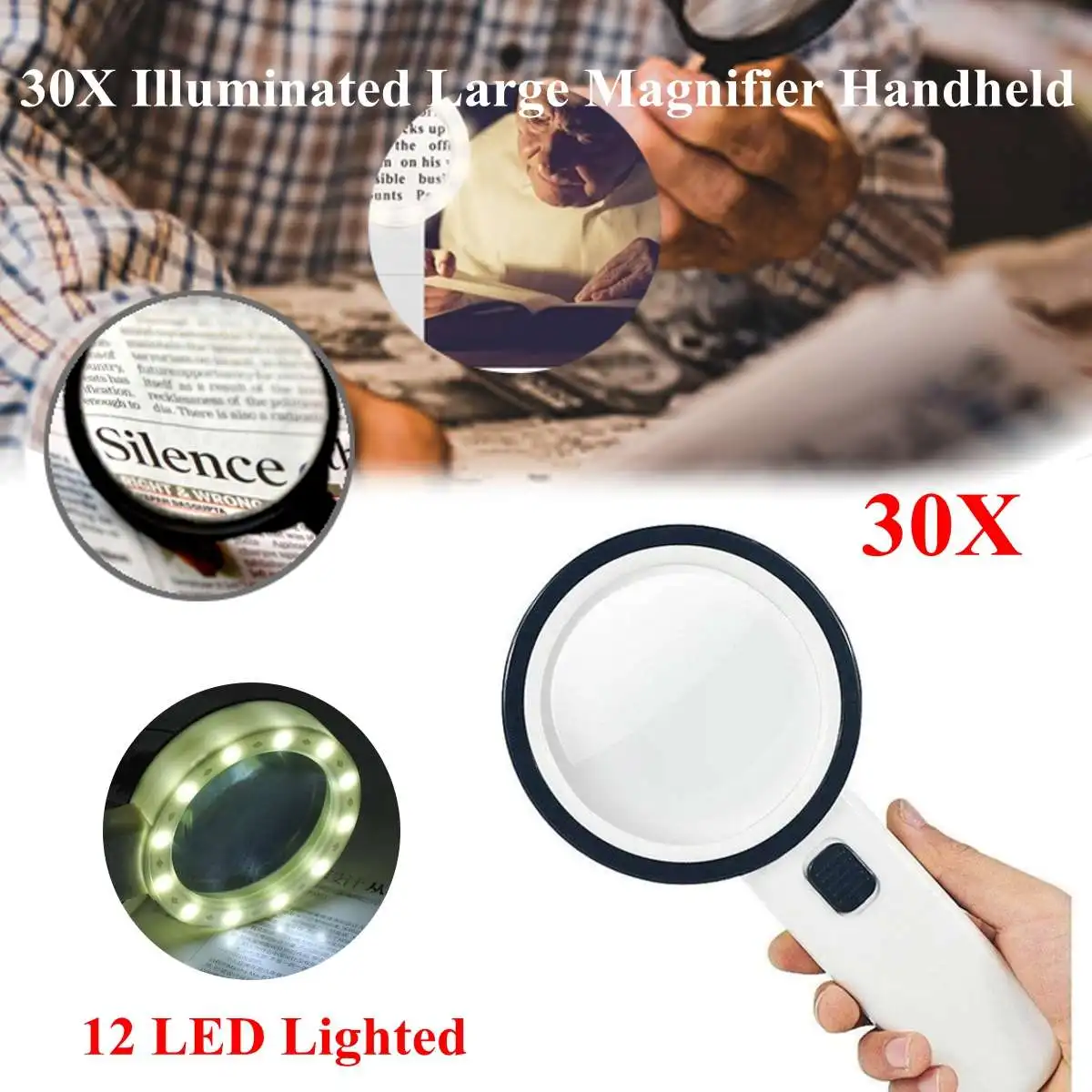 

30X Illuminated Large Magnifier Handheld 12 LED Lighted Magnifying Glass for Seniors Reading Soldering Jewelry Exploring