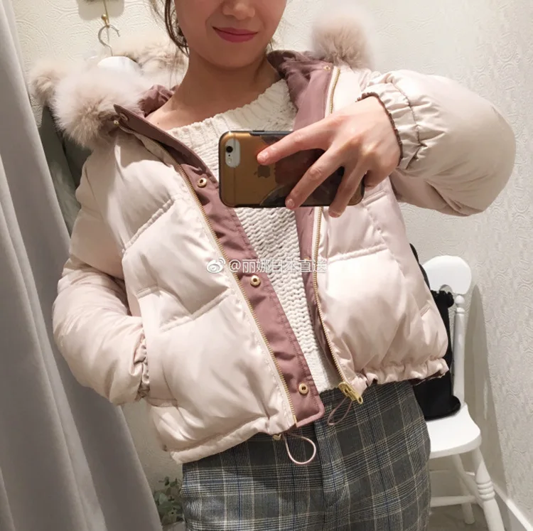 

18 Winter New Style Japanese-style Reversible Furry Short Hooded down Jacket WOMEN'S Coat 181011sy