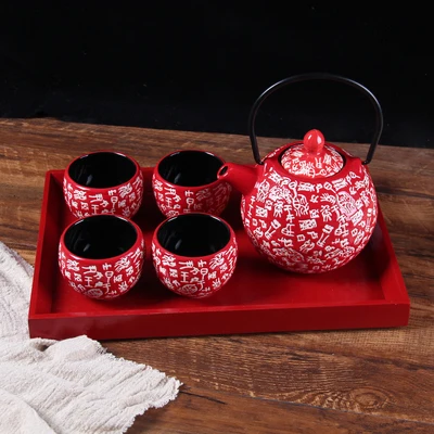 Керамический сливовый чайный набор, креативный красный чайный горшок, китайский стиль, свадебный подарок, чайная посуда с приданым, холодная бутылка для воды, кунг-фу, черный чайный набор - Цвет: E