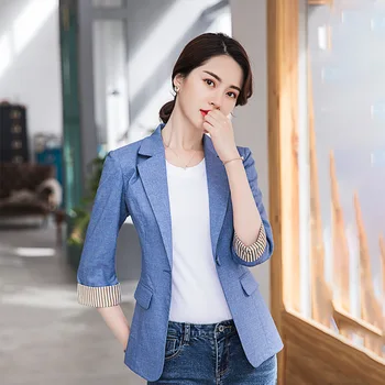 

2019 Autumn Clothes Lady Coat Blue Short Money Grid Small Suit Female Joker Top Leisure Suit