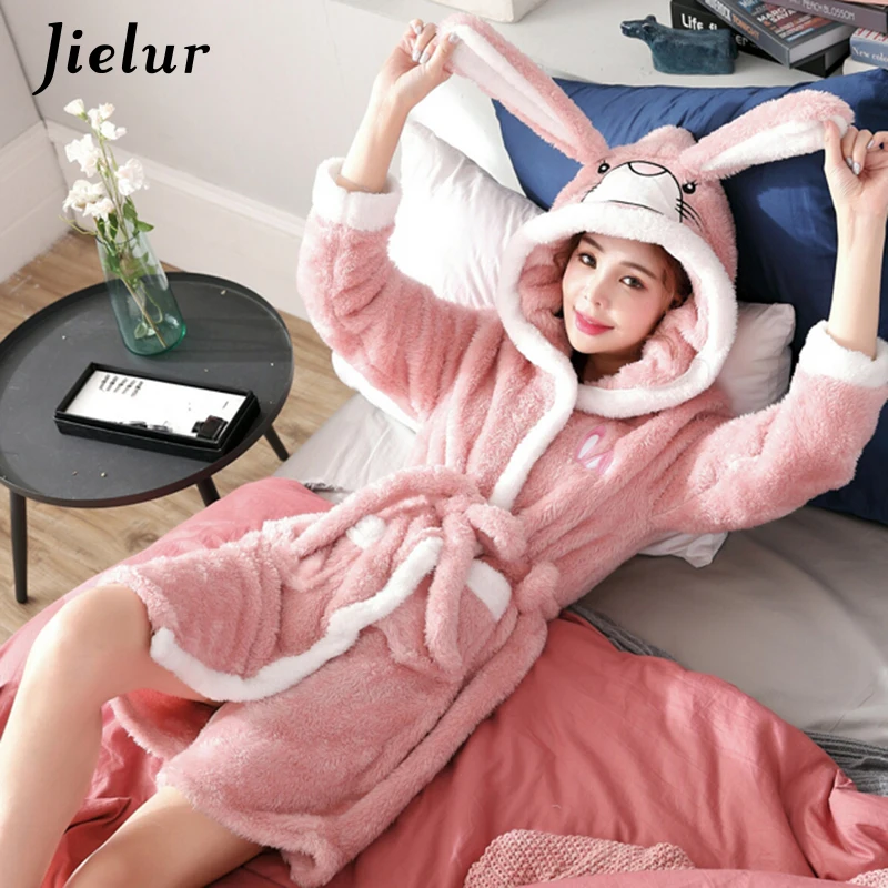 9915Russet-pink Jielur, коралловый бархатный халат, женский,, мультяшный, милый, теплый, с капюшоном, женский халат, зима, банные халаты, халаты, Badjas - Цвет: 9915Russet-pink