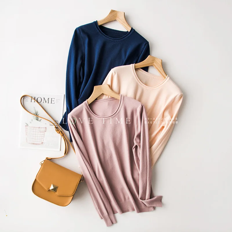 

womens sweaters Thin O-neck Pullover Sweater Long Sleeve Knitted Solid Color Short Sweater