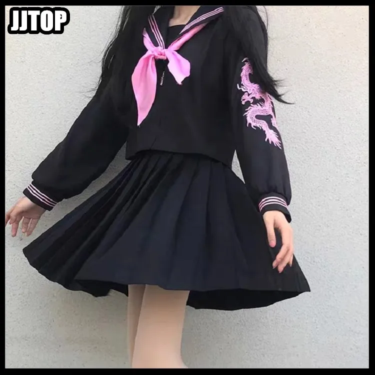 WHITE PINK Dragon Japanese Sailor JK Uniform BLACK SUIT SCARFE Pleated Skirt Suits Japan Korea Girls BASIC School JK TOP SHIRT
