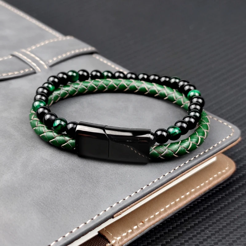 Fashion Green Stone Beads Men Bracelet Multilayer Leather Bracelet Punk Jewelry Stainless Steel Magnetic Clasp Bangles MingAo,bracelet jewelry