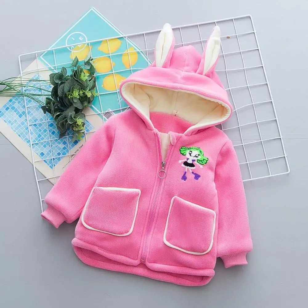 Hot pink Детская зимняя теплая куртка на молнии с рисунком для девочек пальто с капюшоном - Цвет: Hot pink
