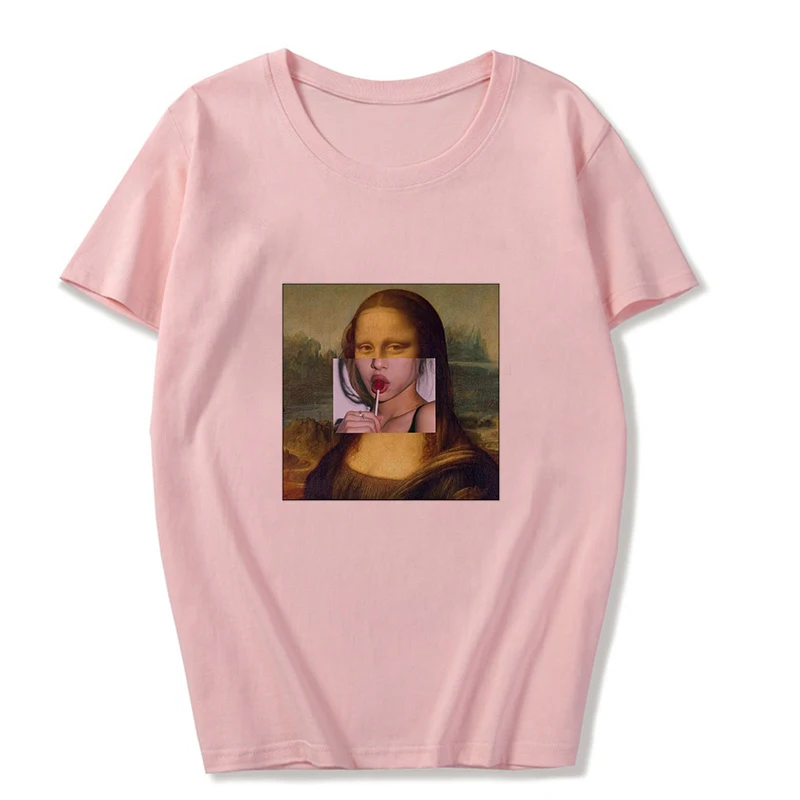 Летняя Новинка Mona Lisa And Van Gogh Забавный принт Повседневная индивидуальная эстетика уличная одежда спортивный костюм розовый Vogue Женская футболка - Цвет: 3452-Pink