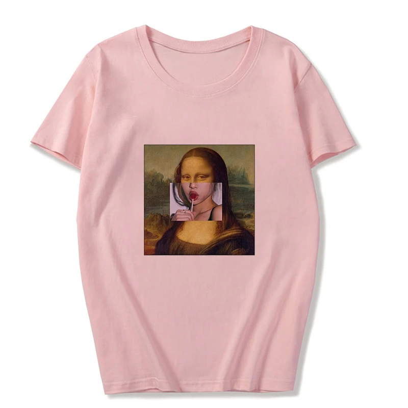 3452-Pink Летняя Новинка Mona Lisa And Van Gogh Забавный принт Повседневная индивидуальная эстетика уличная одежда спортивный костюм розовый Vogue Женская футболка - Цвет: 3452-Pink