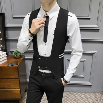 

2020 New Men's Fashion Large Size Vest Double-breasted Suit Vest Men's Sleeveless Vest Chaleco Hombre Slim Vest Men 4XL 5XL