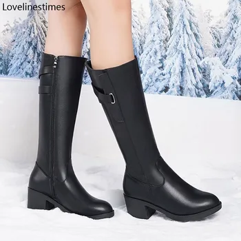 

Womens High Boots Shoes Woman 2021 New Winter Plus Velvet Black Leather Over The Knee Boots Fashion Thick Heel Women Shoes Boots