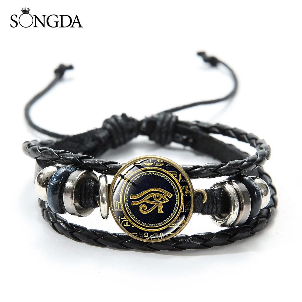 Винтажный браслет с шармами глаз Хора готический золотой изображением бога