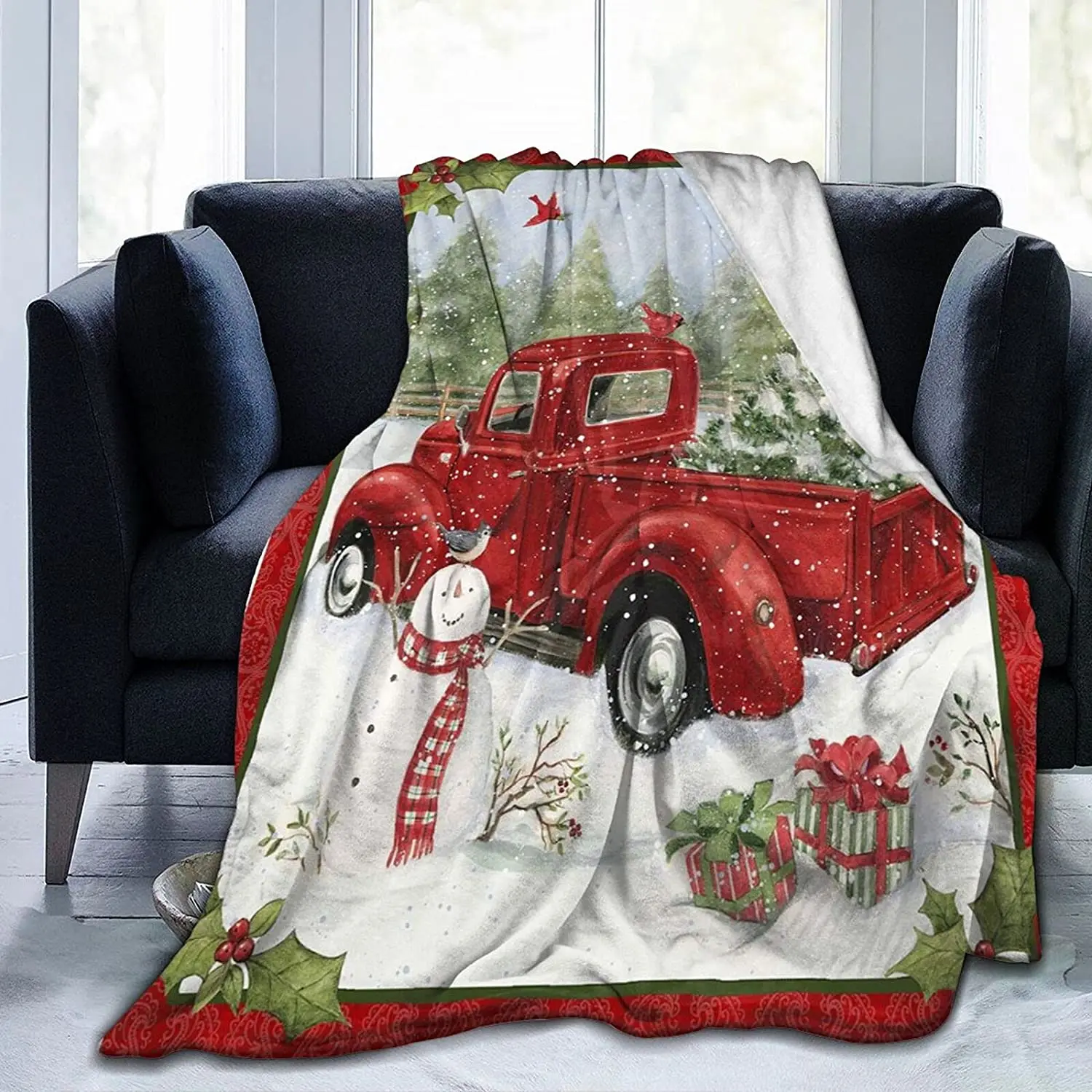 familypers Christmas Blanket Red Truck and Snowman Throw Blanket Merry