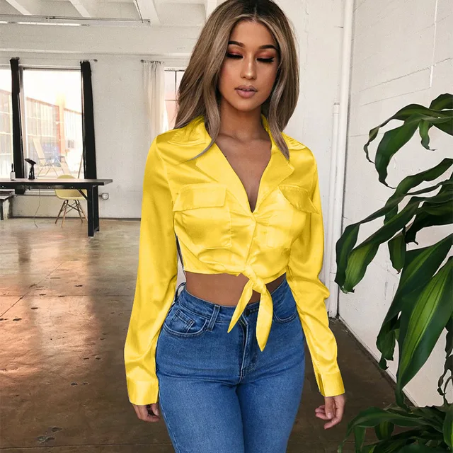 Women Lace Up Satin Blouse Summer 2019 Turn Down Red Yellow Long Sleeve  Shirt Streetwear Button Short Top And Blouses Women - AliExpress Women's  Clothing