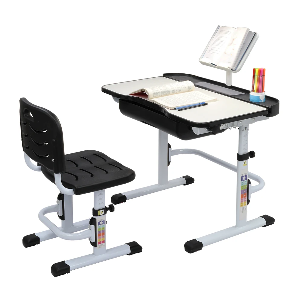 70CM Lifting Table Top Can Tilt Children Study Table Learning Table And Chair Black With Reading Stand Without Table Lamp)