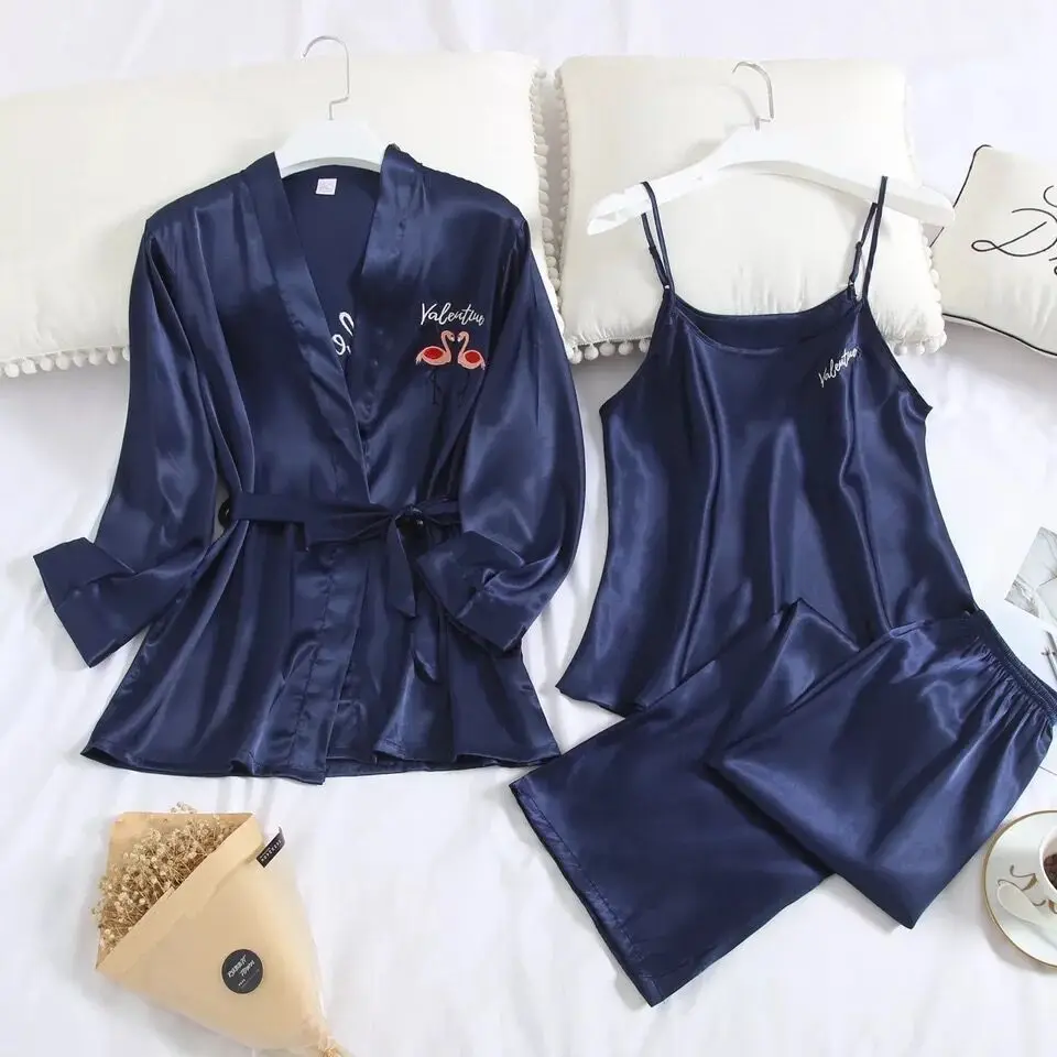 Navy blue Осенняя пижама из 3 предметов для женщин, сексуальный вышитый пояс с фламинго, топы, домашний костюм для сна, домашний комплект, женский халат, шелковая одежда для сна - Цвет: Navy blue