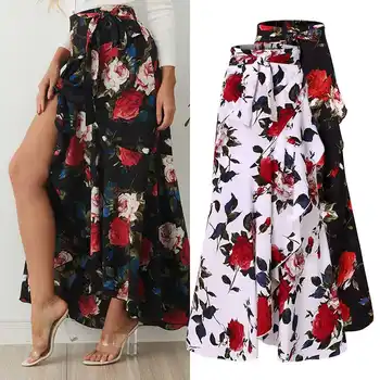 

5XL Women Long Skirt Celmia 2020 Fashion Bohemian Rose Printed Maxi Skirts Casual High Waist Ruffled Hem Elegant Party Skirts 7