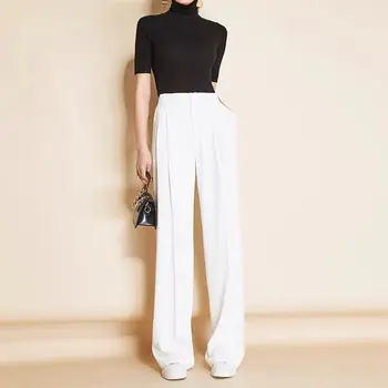 

Korean High Waist Wide Leg Pants Trousers Vintage Women Zipper Fly Solid Loose Fashion Casual Straight Pants Capris 2020 Bottoms