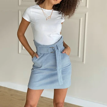 

Casual Rib Knit Slim Wrap Hip Skirts Women Fashion High Waist Solid Mini Skirts Summer Ladies Patchwork Pocket Belt Short Skirts